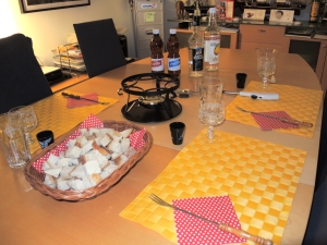 Traditional homemade Swiss fondue, with BREAD only, white wine and kirsch